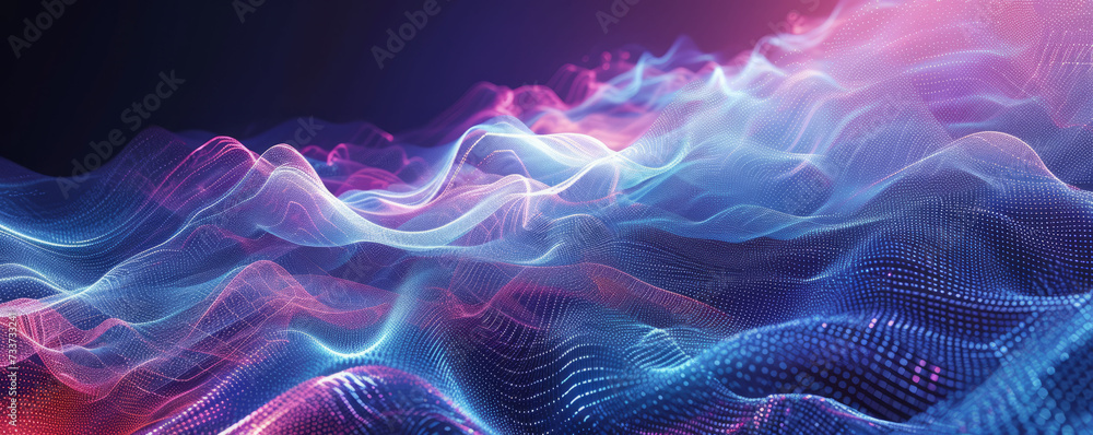 A digital landscape with flowing patterns and gradients, capturing the fusion of technology and imagination with luminous elements and smooth transiti