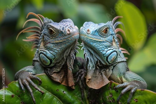 Two green iguanas kissing on a branch. Concepts  love  Valentine s Day