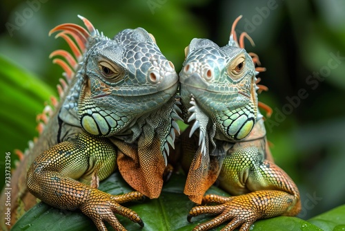 Two blue iguanas kissing on a branch. Concepts  love  Valentine s Day