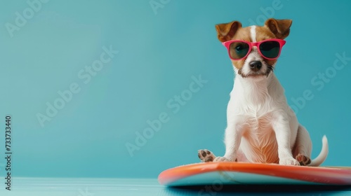 Cute dog with sunglasses on the surf board surfing © Elvin