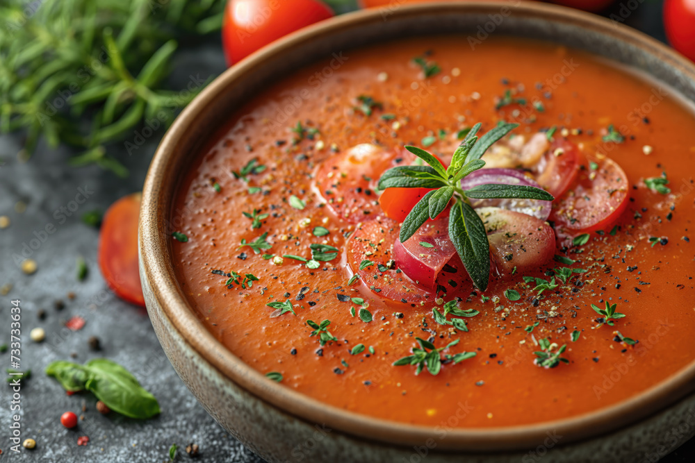 Cold tomato soup (gazpacho or salmorejo) in a black bowl over dark grey slate or stone background
 - obrazy, fototapety, plakaty 