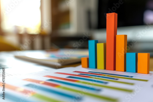 Neatly arranged bar charts and graphs symbolize diverse business metrics on a desk in a serene office environment. Ordered composition with a focus on