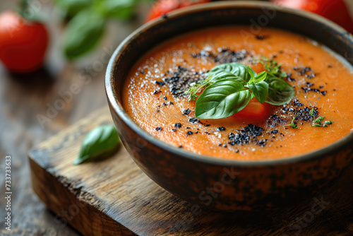 Cold tomato soup (gazpacho or salmorejo) in a black bowl over dark grey slate or stone background
 photo