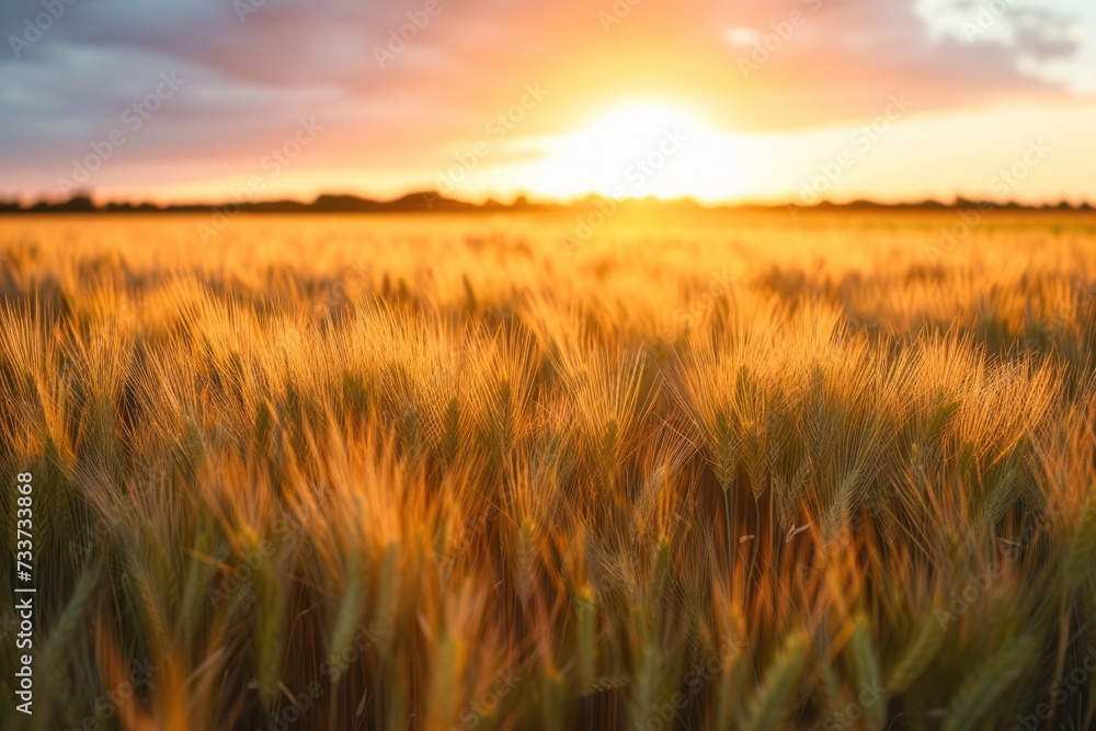 Prarie farm wheat field at sunset.