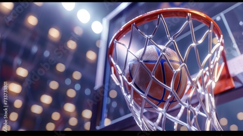 Basketball ball in the net, close up image