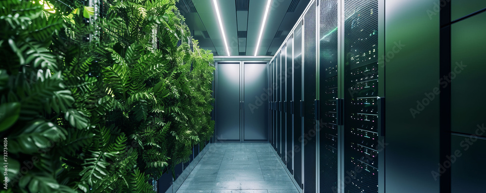 A large-scale data center fueled by sustainable energy sources, showcasing the integration of technology and environmental stewardship. - obrazy, fototapety, plakaty 