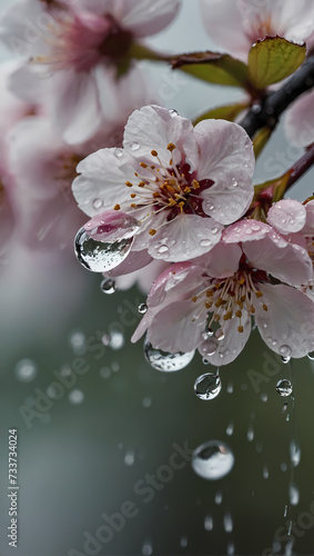 Extreme close-up of raindrops on the delicate petals of cherry blossoms. 