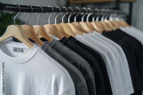 close up collection of black and white color t-shirt hanging on wooden clothes hanger