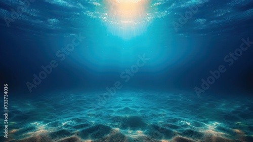Sunlight shining through the surface of the blue ocean, sea, with dark waters and sandy seabed below. © Tisha