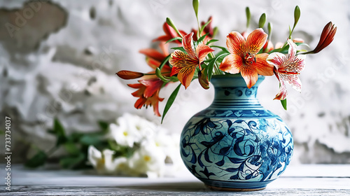 Beautiful orange lily flowers blooming in a porcelain vase. Place it on the floor in a room with walls that have peeling paint stains.