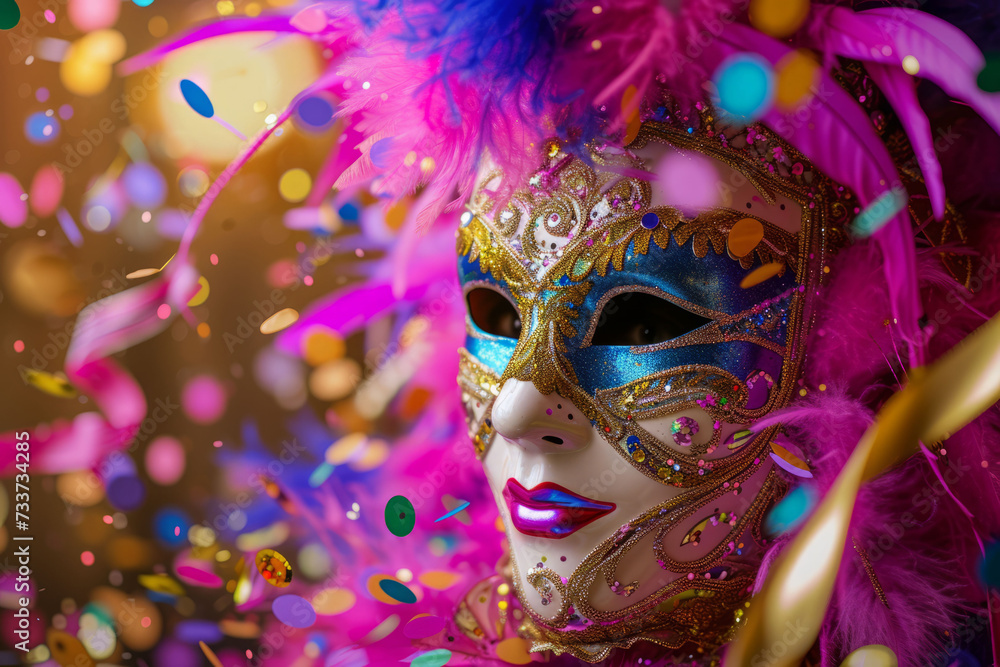 A festive Mardi Gras mask with vibrant feathers and sparkling sequins, set amid a colorful backdrop of confetti and swirling ribbons, capturing the essence of celebration.