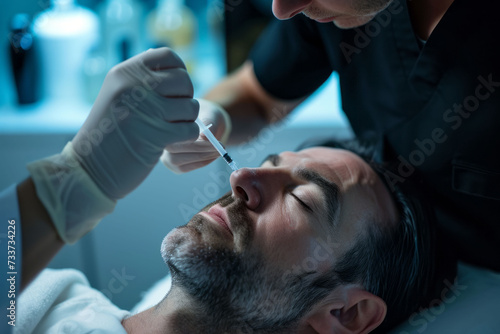 In a well-lit and sterile treatment room, a man reclines comfortably with a serene expression as a medical professional administers a botox injection, conveying confidence and trust in the practitione
