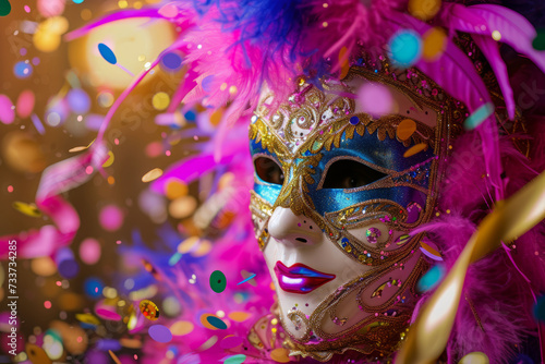 A festive Mardi Gras mask with vibrant feathers and sparkling sequins, set amid a colorful backdrop of confetti and swirling ribbons, capturing the essence of celebration. © mihrzn