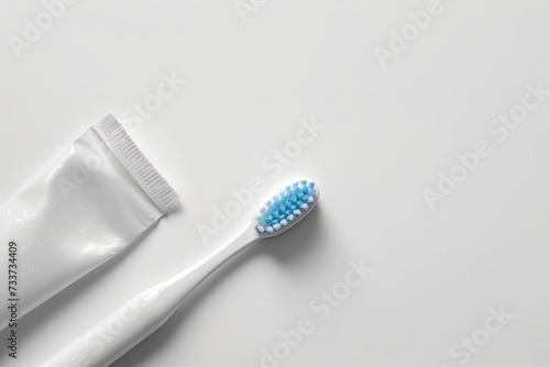Plastic toothbrush and paste on white background  top view. Space for text