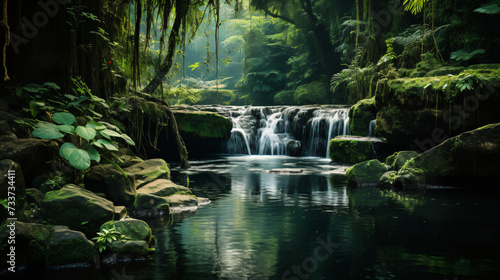 Serene cascading waterfall hidden amidst  emerald forest  a tranquil oasis offering respite from the bustling world.