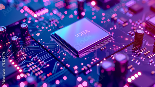 On top of a sophisticated chip, there is a hologram consisting of 5 letters "IDEA", Unreal Engine rendering, depth of field effect, 3D