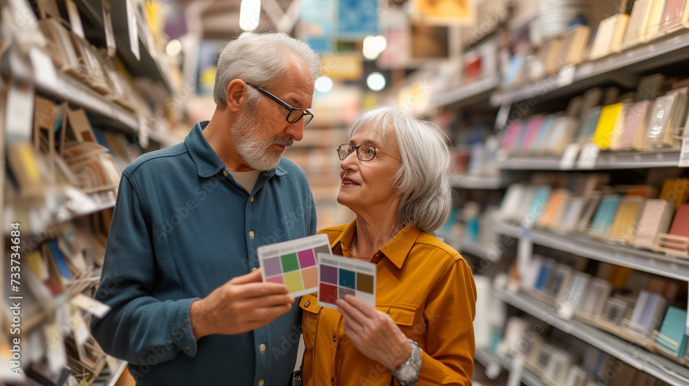 a senior couple is happily discussing over a paint color swatch in a store aisle filled with home improvement items
