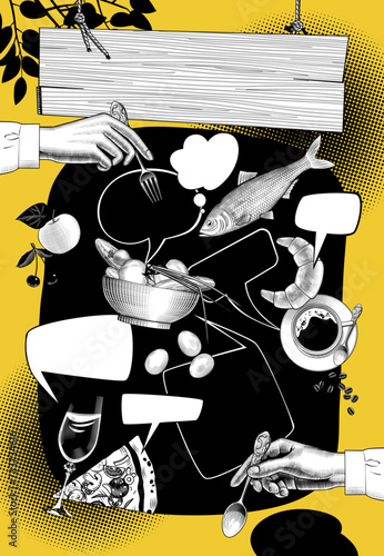 Black and white template of food market, grocery store, cafe or bar with a hands, food, drink, wood signboard, and cartoon speech bubble on yellow  background. Vector illustration in comic style © Raman Maisei