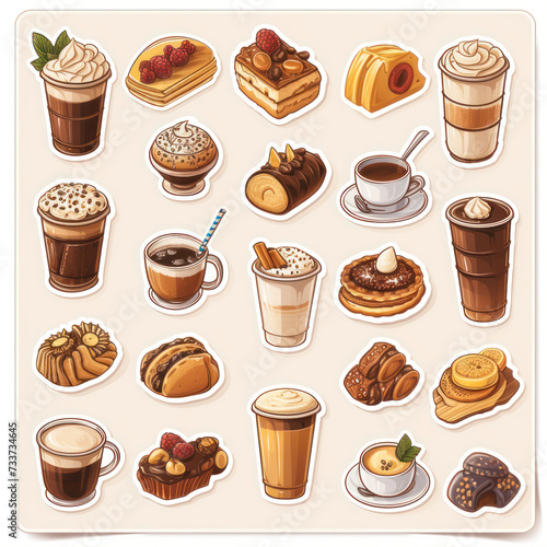 Coffee and desserts stickers set with cup of cappuccino, sweet buns, macaroons, croissants