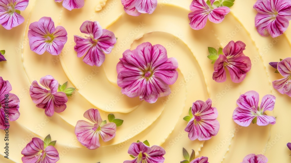 purple flowers adorning a creamy, yellow surface, creating a visually pleasing contrast