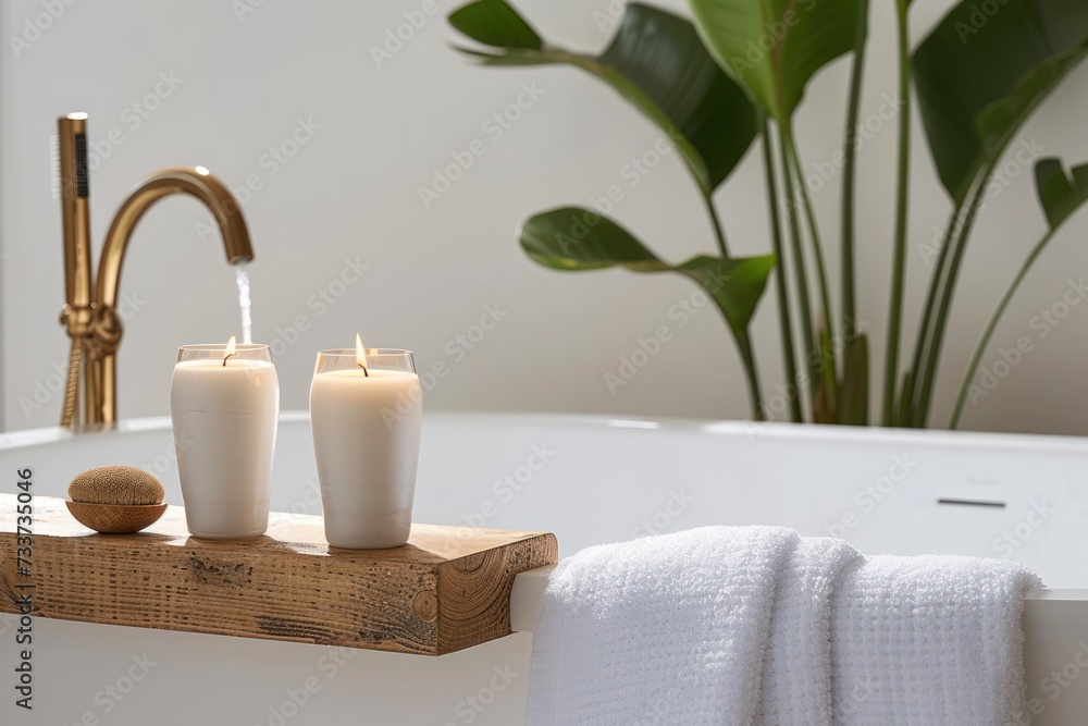 Candle and towels at wooden shelf over contemporary tub