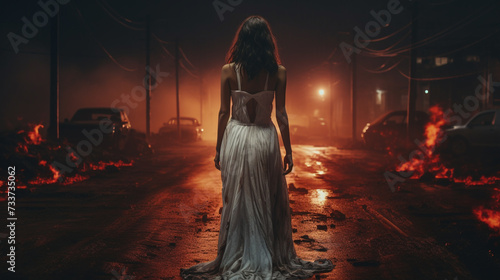 Apocalypse scene a woman in white dress standing alone in the dark flaming destroyed city photo