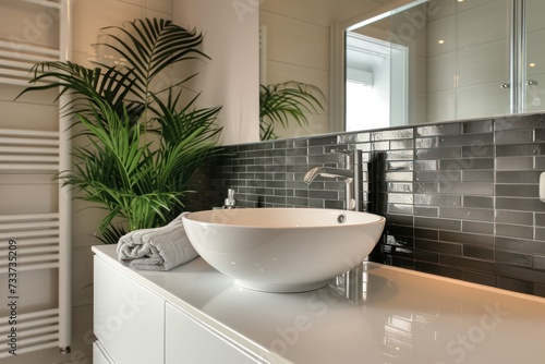 Interior of bathroom with sink and rack