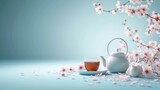 Cup of tea and teapot with cherry blossom on blue background