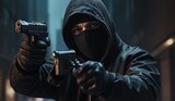 Attacker with a gun in his hand pointing at someone wearing a black mask and a hooded jacket, front view. Theme of robbery or assault