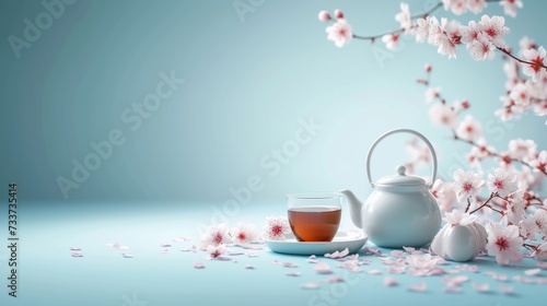 Cup of tea and teapot with cherry blossom on blue background photo