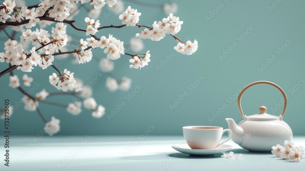 Cup of tea and teapot with cherry blossom on blue background Cup of tea and teapot with cherry blossom on blue background