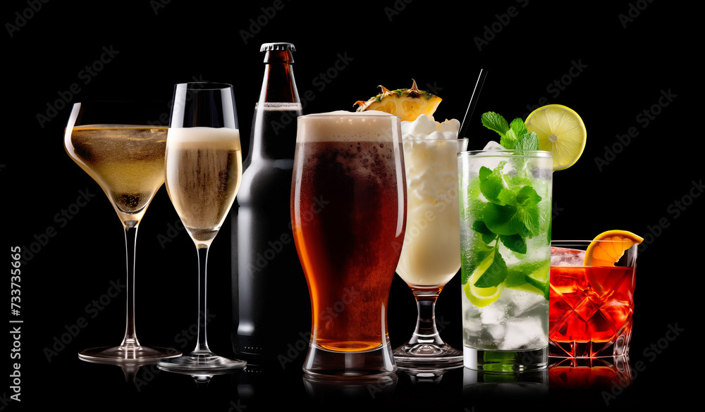 Set and collection of classic alcohol cocktails or mocktail isolated on black background with fresh summer fruits Set and collection of classic alcohol cocktails or mocktail isolated on black background with fresh summer fruits