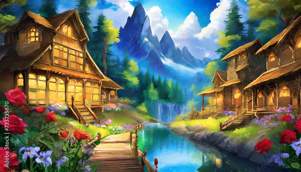 Naklejka premium landscape with lake and mountains