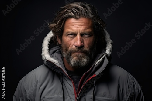 Portrait of a man with a long gray beard and mustache in a jacket on a dark background © Iigo