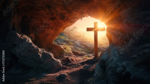 A sunlit cross in a cave. Symbol of hope and faith in Jesus Christ resurrection