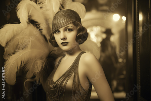 vintage photo of a 1920s flapper woman wearing a feather hat