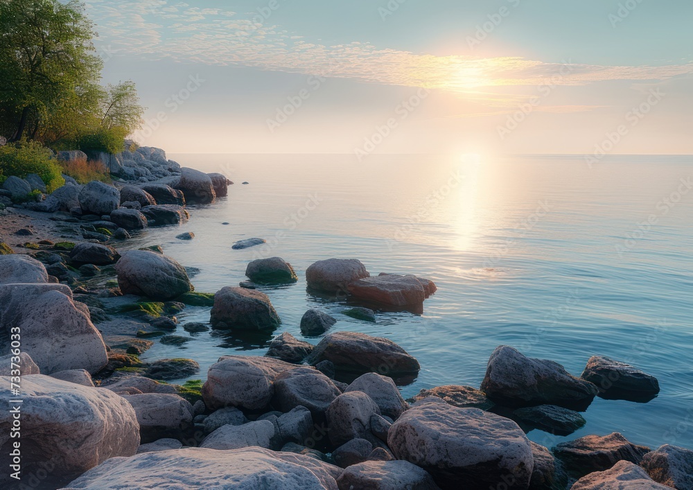 Evening sunlight on the rocks at the shore of Lake Ontario. Tranquil nature background.