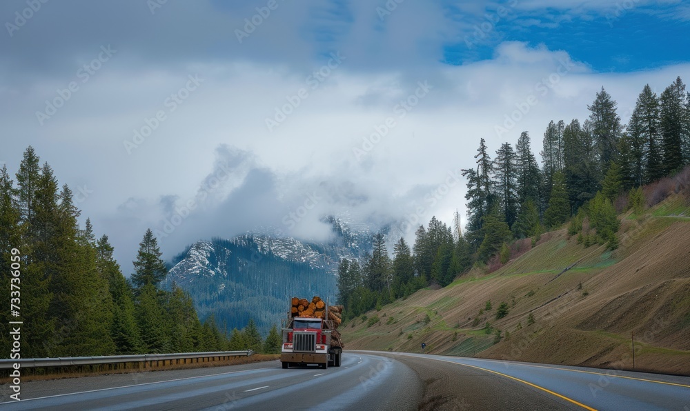 Logging truck travelling down a highway in British Columbia; British Columbia,