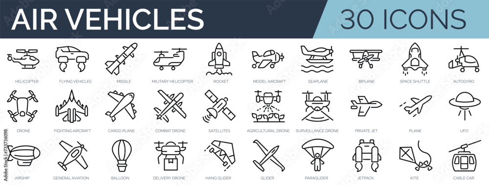 Set of 30 outline icons related to air vehicles. Linear icon collection. Editable stroke. Vector illustration