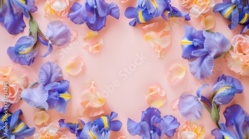 blue irises and peach roses scattered gracefully around the edges  creating a natural frame with a soft pink background
