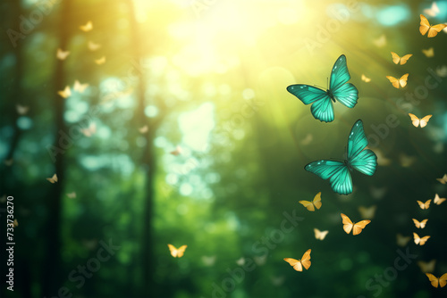 Enchanting capture of vibrant butterflies in flight, on a park background.