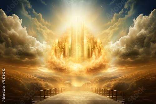 The throne of god that comes from heaven with bright light behind. photo
