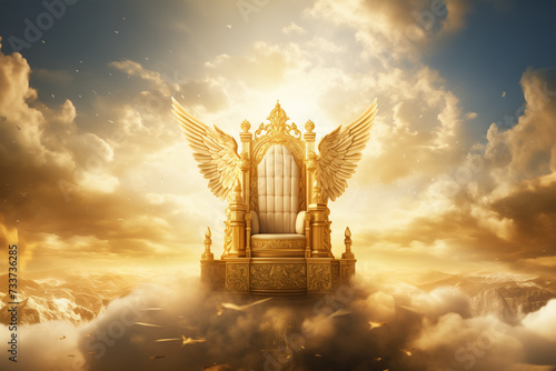 The throne of god that comes from heaven with bright light behind. photo