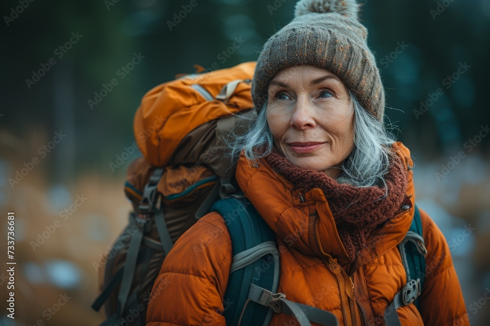 An adult woman stands in the forest with a backpack and a hat and enjoys an adventure hike. An adult woman stands in the forest with a backpack and a hat and enjoys an adventure hike.
