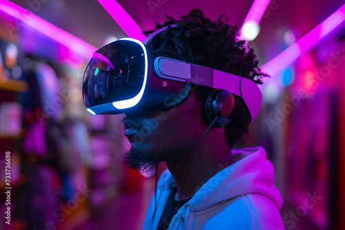 A man immerses himself in virtual reality, puts on a futuristic headset and glasses and is immersed in a digital adventure. © Iryna