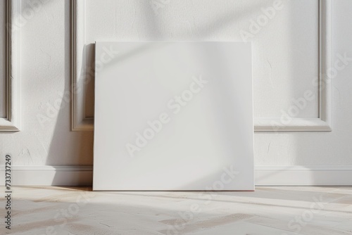 Art canvas in a horizontal position on the floor leaning against a white wall. Clean cloth for mockup art presentation