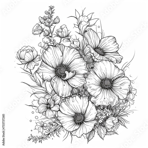 Beautiful monochrome floral bouquet with poppies. Coloring page. Hand drawn vector illustration.