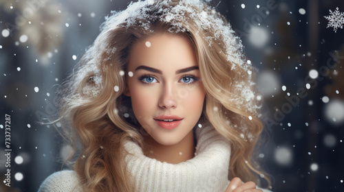Beautiful young woman in winter chlotes and christmas background