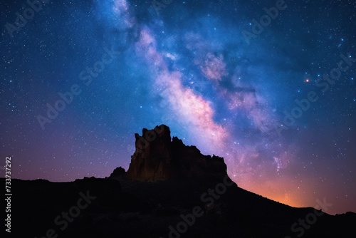 From below of silhouette of rocky hill on background of breathtaking night sky with Milky Way in Tenerife