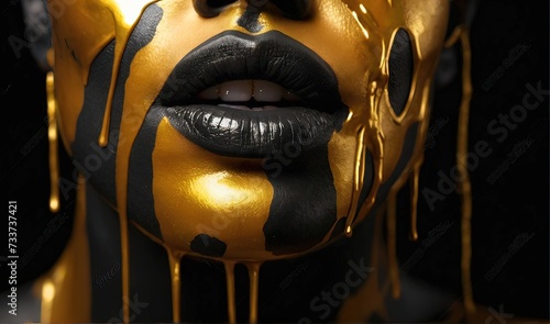 Close up face portrait with face art. Glamorous gold makeup, gold paint dripping down the woman's black face
